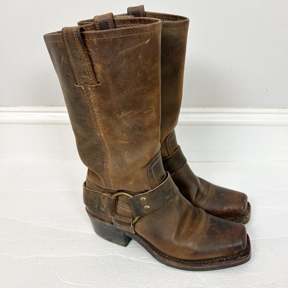 Frye Harness 12R Dark Brown Leather Boots Square Toe Size 5.5 Festival Women's